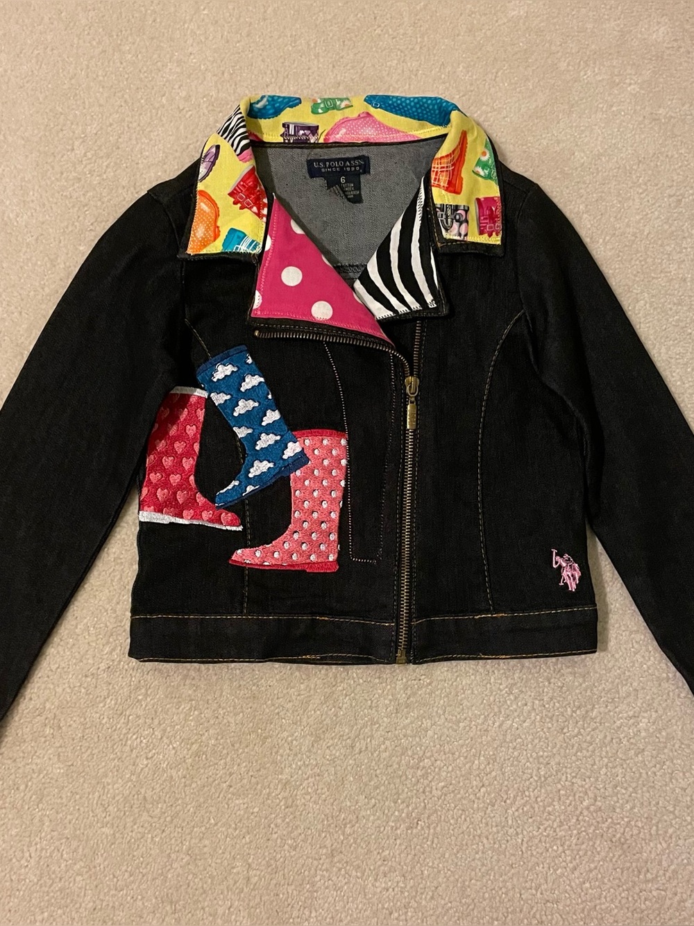 U.S. Polo Assn. Girls Jean Jacket with upcycled Boot Appliques Size 6 like new